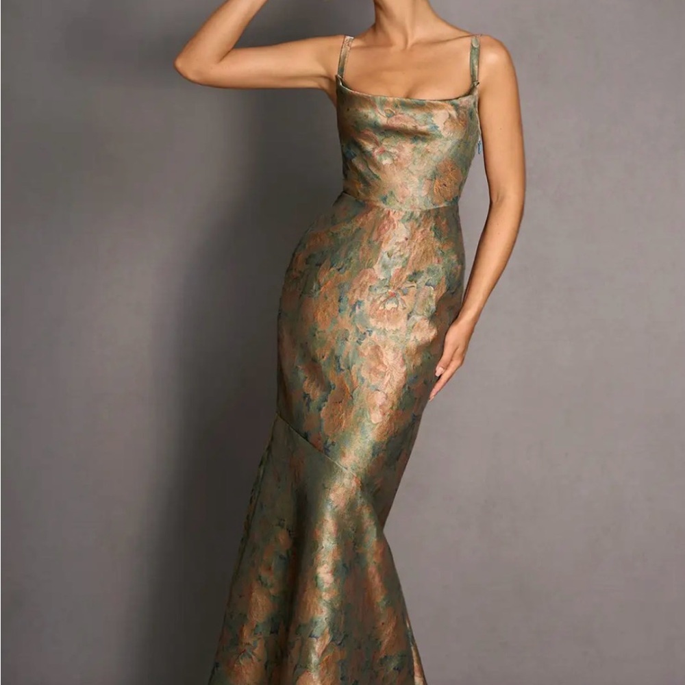 Azazie Green and Bronze Floral Satin Mermaid Gown - Never been worn